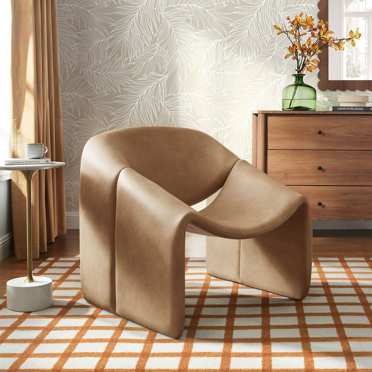 Vivi Vegan Leather Curved Arm Accent Chair - Toast