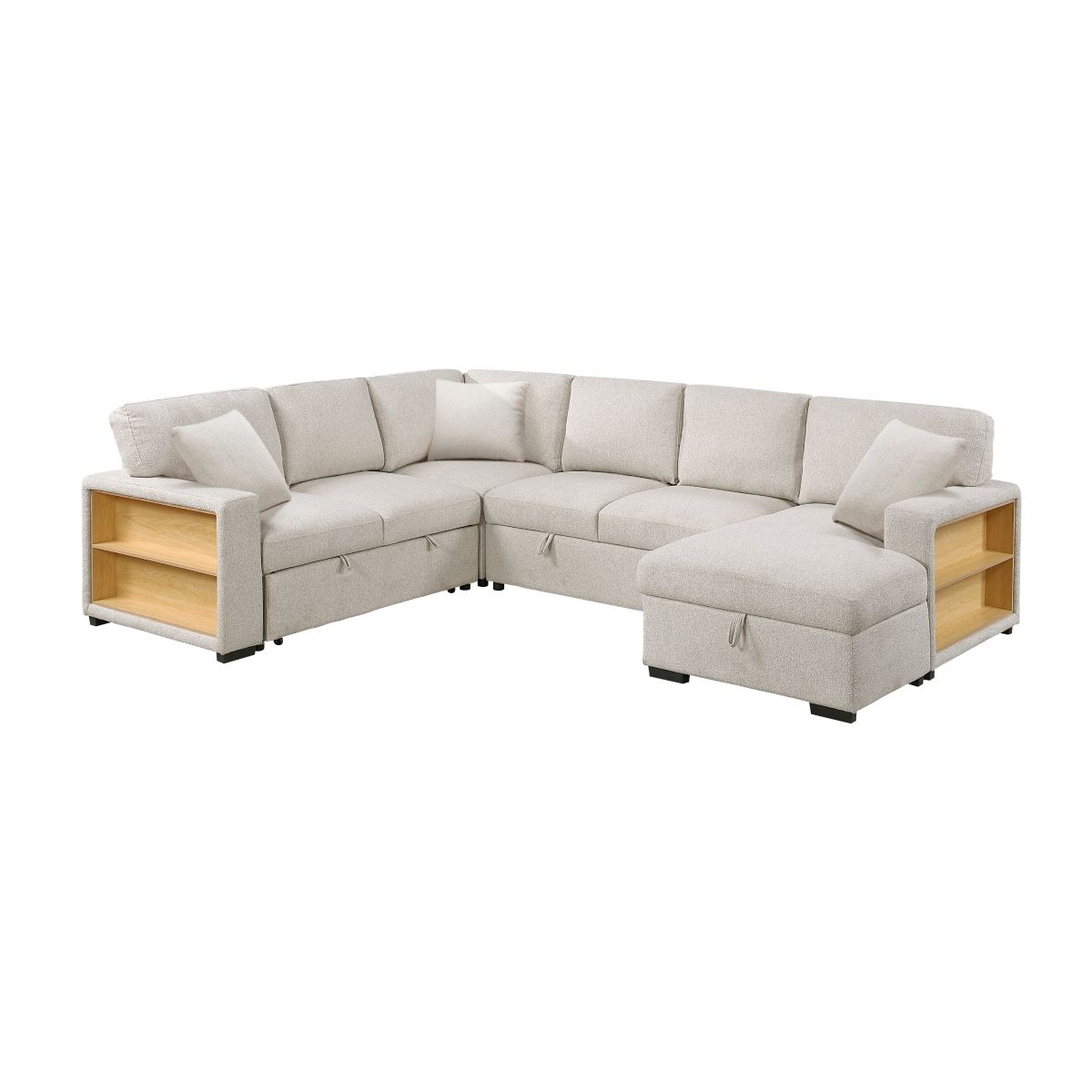 Pompano Sectional with Right Chaise, Pull-out Bed, Hidden Storages and Shelves, Charging Ports