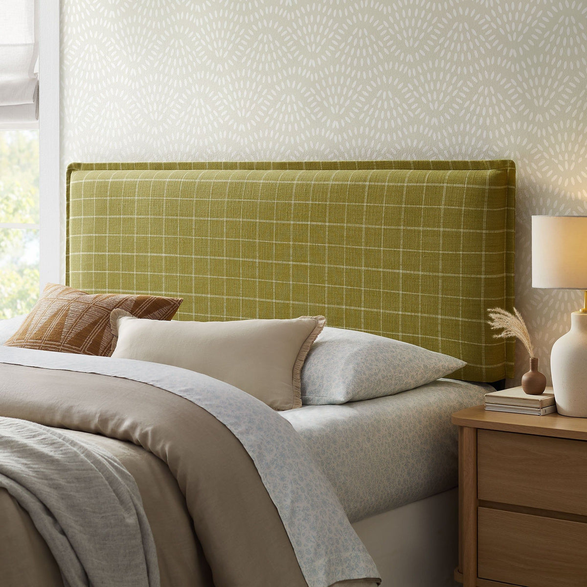 Camille Checkered Linen Blend Headboard - Full, Artichoke Windowpane Check