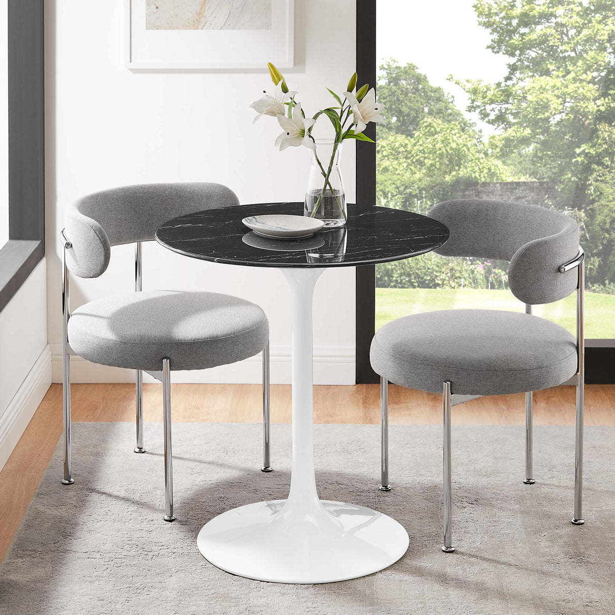 Lippa Round 28" Dining Table - Faux Marble, White Black
