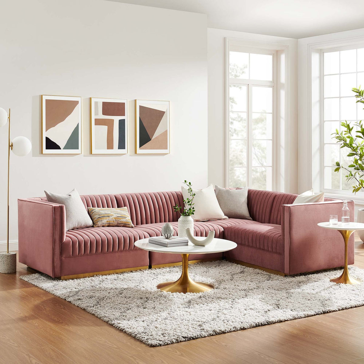 Sanguine 4-Piece Channel Tufted Performance Velvet Right-Facing Modular Sectional Sofa - Dusty Rose