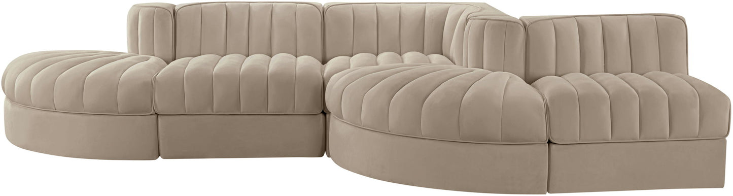 Rummi - Rounded Velvet Performance Fabric Upholstered 5 Piece Modular Sectional