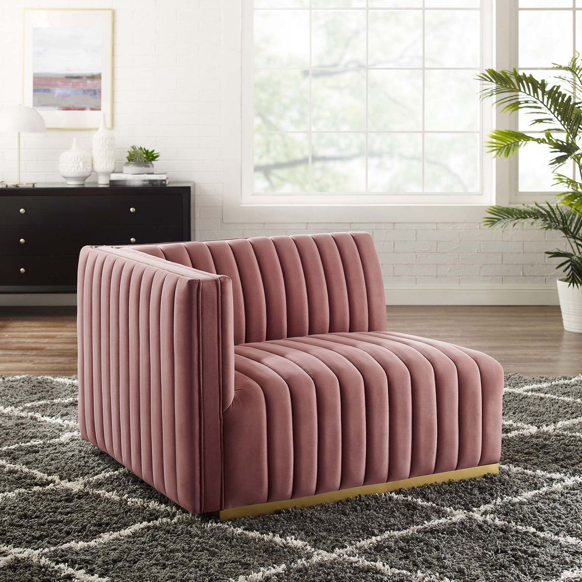 Conjure Channel Tufted Performance Velvet Left-Arm Chair - Gold Dusty Rose