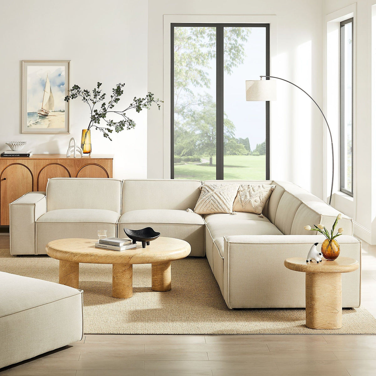 Restore 5-Piece Performance Fabric Upholstered Modular L-Shaped Sofa - Ecru