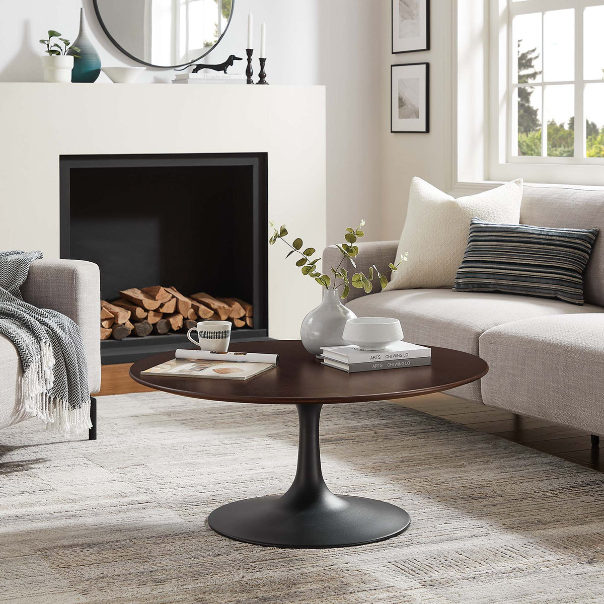 Lippa Round Wood Coffee Table - 36", Black Cherry Walnut