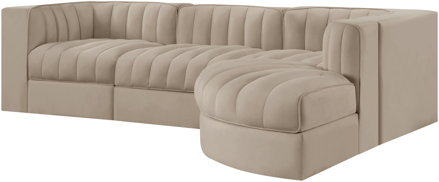Rummi - Velvet Performance Fabric Upholstered 4 Piece Modular Sectional, With Reverse Corner Chair