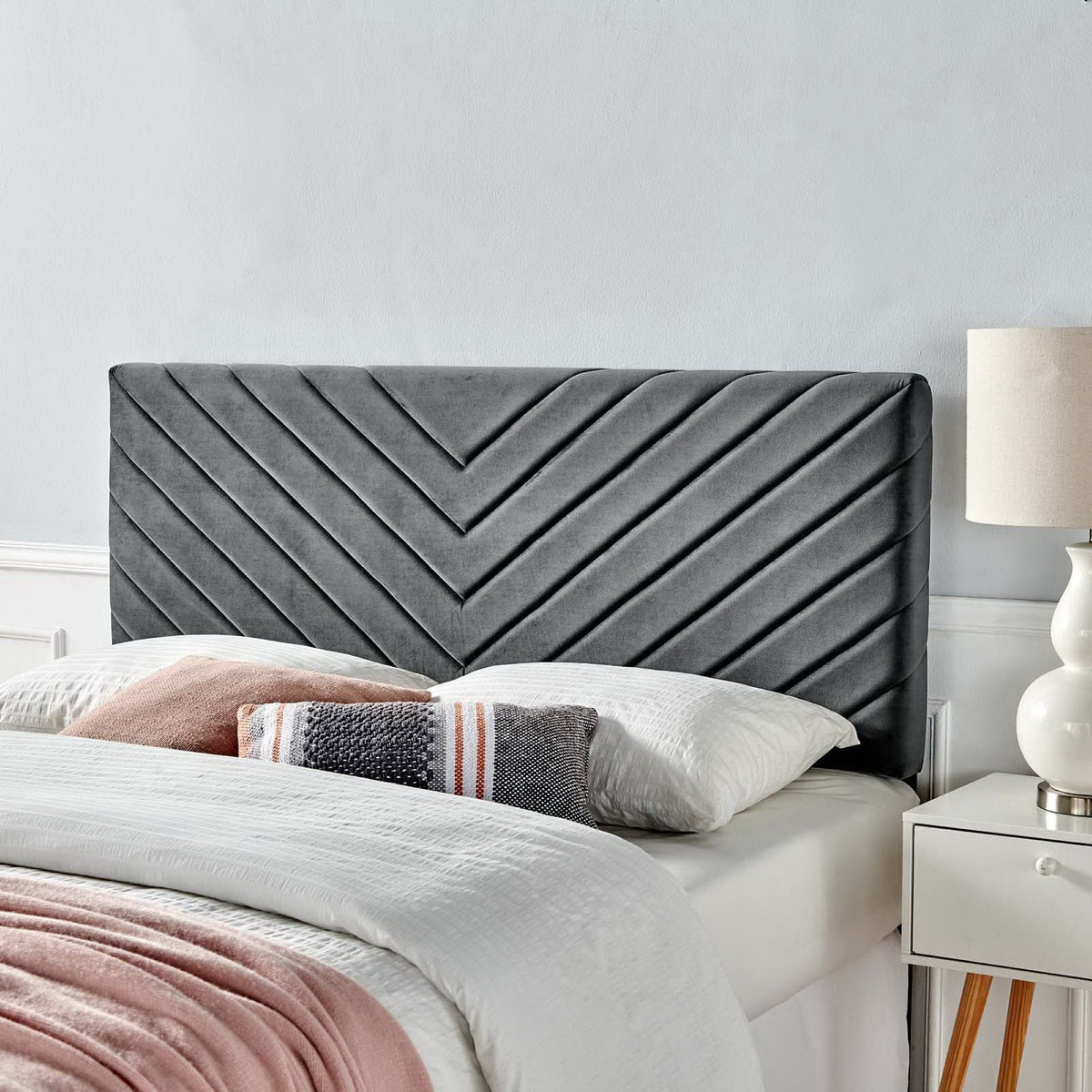 Alyson Angular Channel Tufted Performance Velvet Headboard - Full/Queen, Charcoal