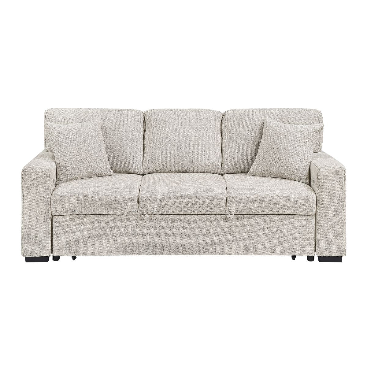 Alcove Sofa with Pull-out Bed, Center Drop-down Cup Holders, Arms with Shelves and Charging Ports