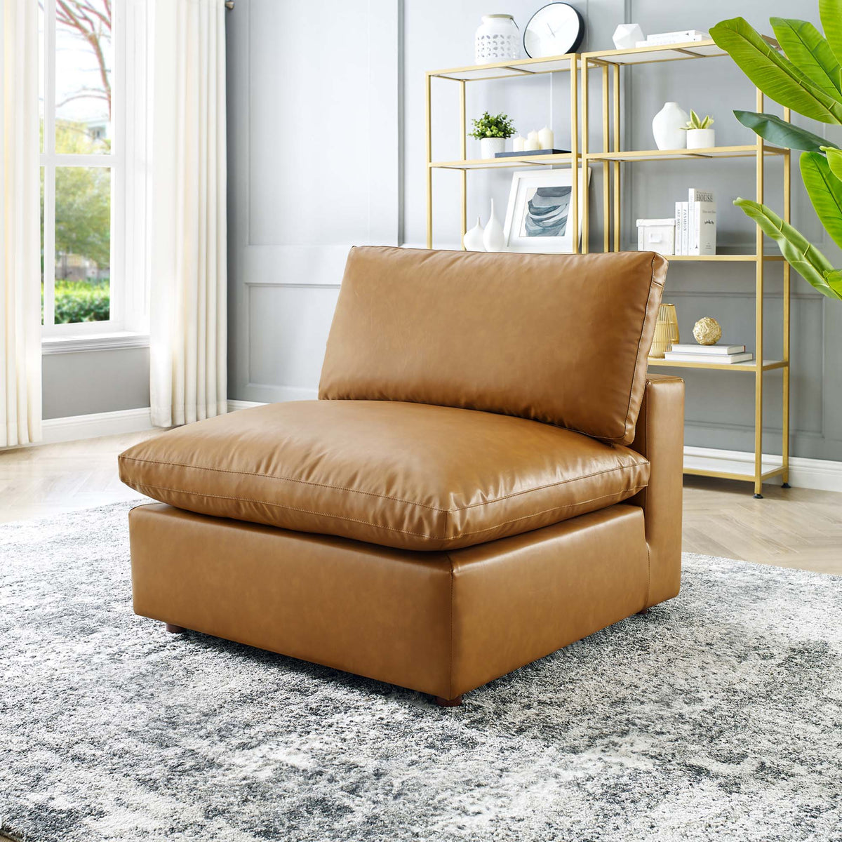 Commix Down Filled Overstuffed Vegan Leather Armless Chair - Tan