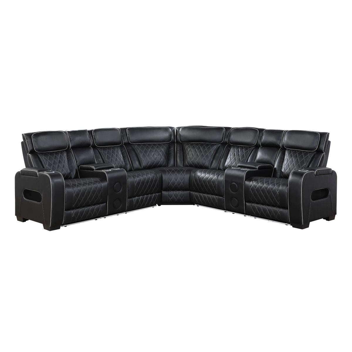 Fairway 3-Piece Power Reclining Sectional with Consoles, Power Headrests, Storage Arms(Top and Side), Cup holders, Charging Ports, Wireless speakers and LED lighting