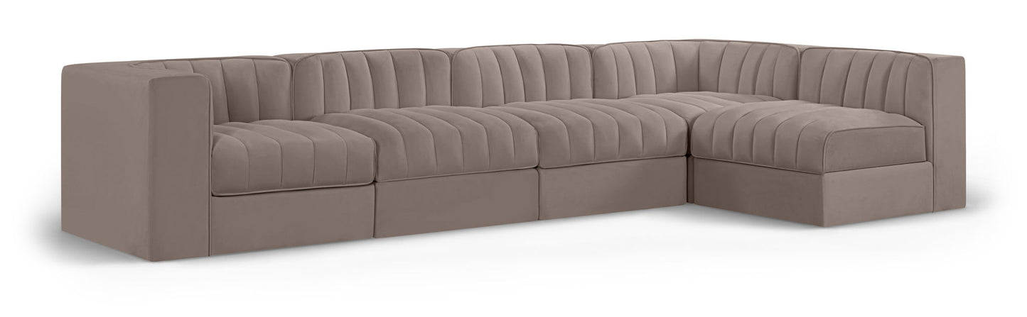 Rummi - Velvet Performance Fabric Upholstered 5 Piece Modular Sectional, L-Shaped (Right)