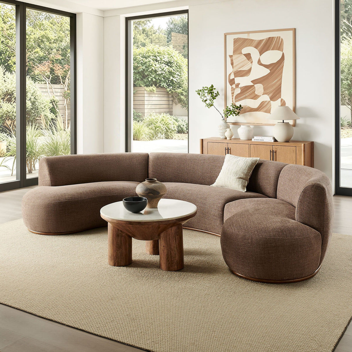 Rialta 3 Piece Curved Slub Weave Fabric Sectional Sofa - Mocha