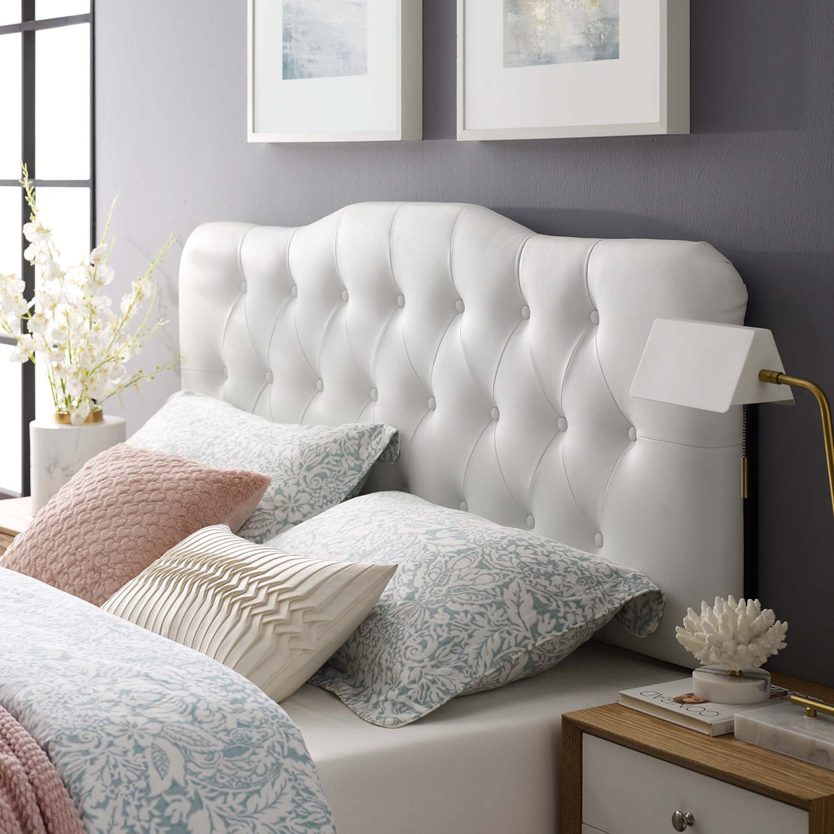 Annabel Diamond Tufted Upholstered Vinyl Headboard - Queen, White