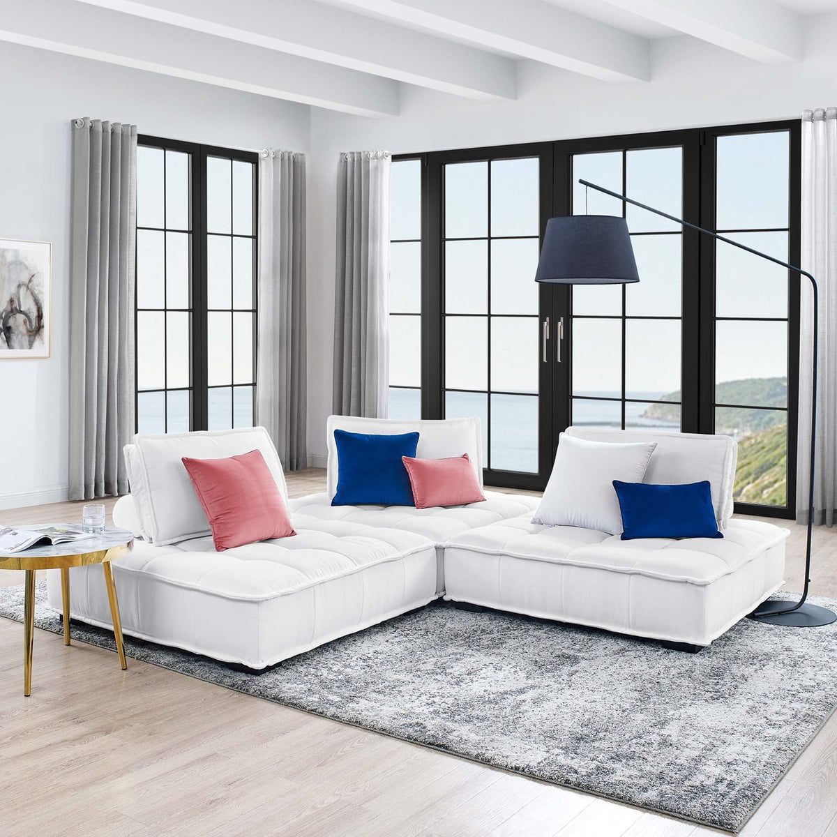 Saunter 3-Piece Tufted Fabric Fabric Sofa - White