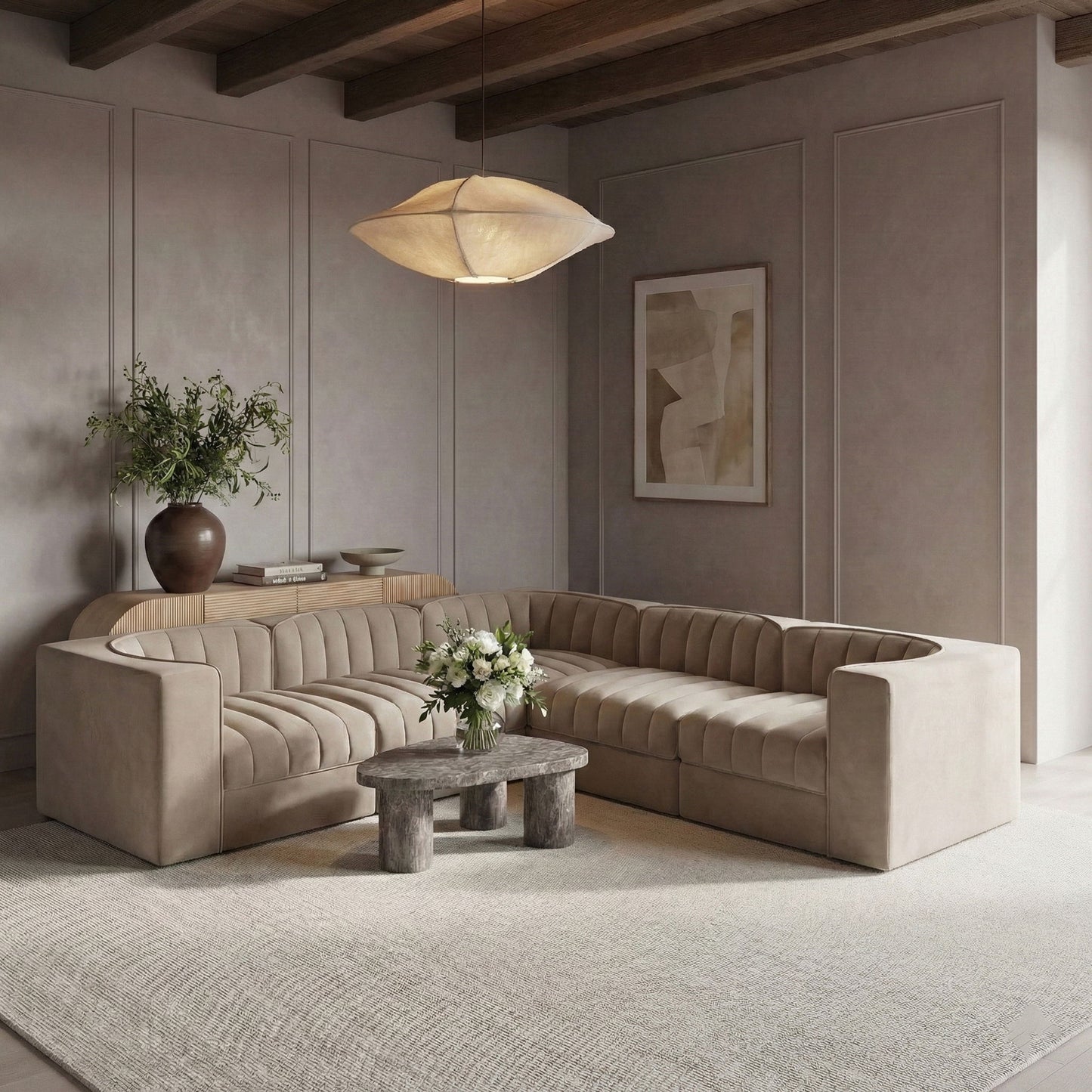 Rummi - Symmetrical Velvet Performance Fabric Upholstered 5 Piece Modular Sectional