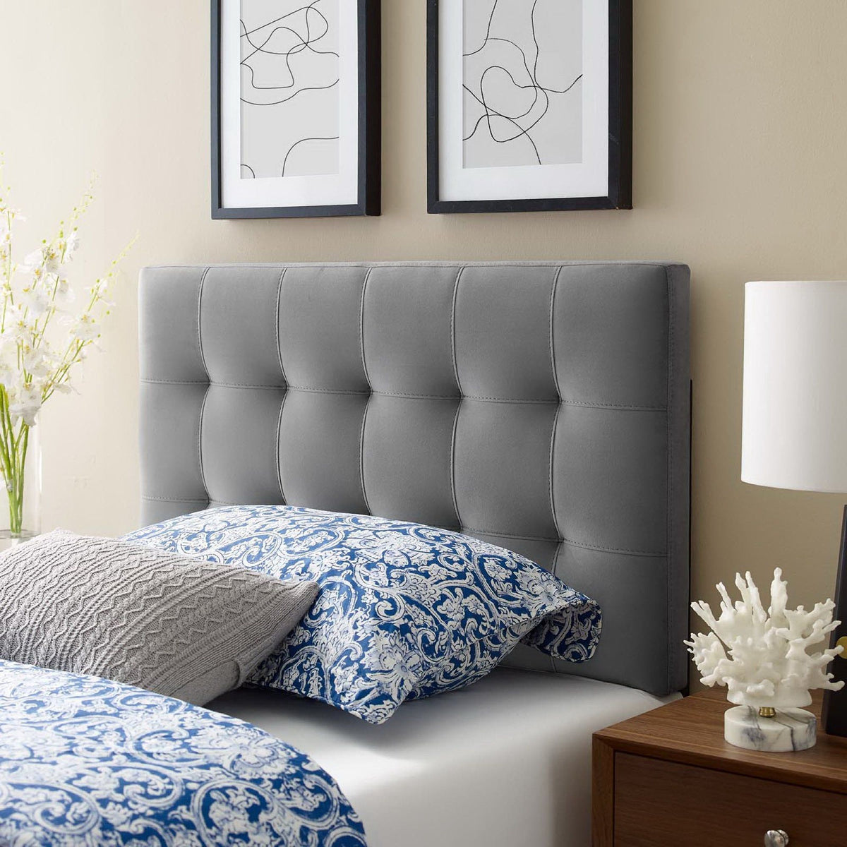 Lily Biscuit Tufted Performance Velvet Headboard - Twin, Gray