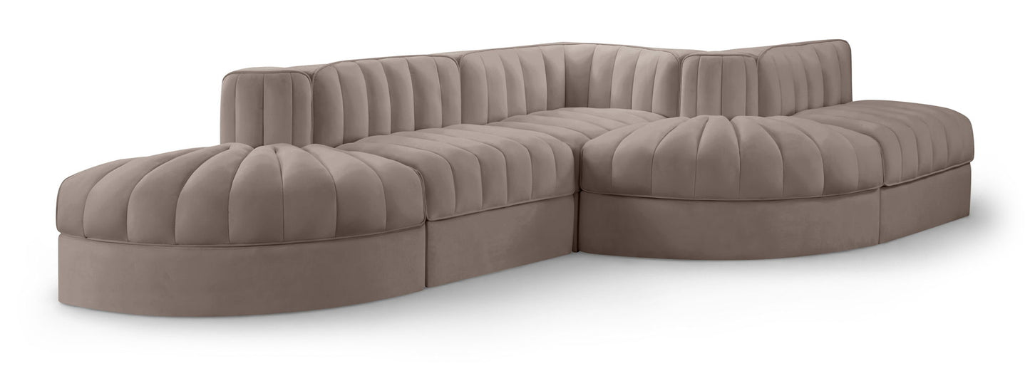 Rummi - Rounded Velvet Performance Fabric Upholstered 5 Piece Modular Sectional