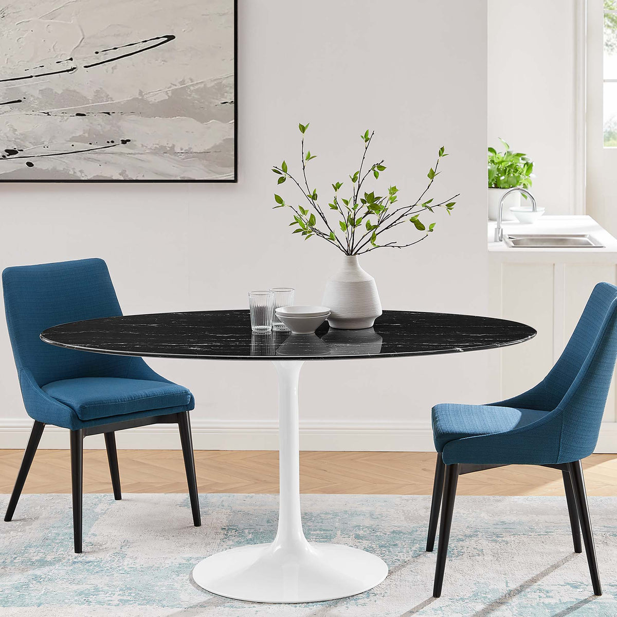 Lippa Oval Artificial Marble Dining Table - 60", White Black