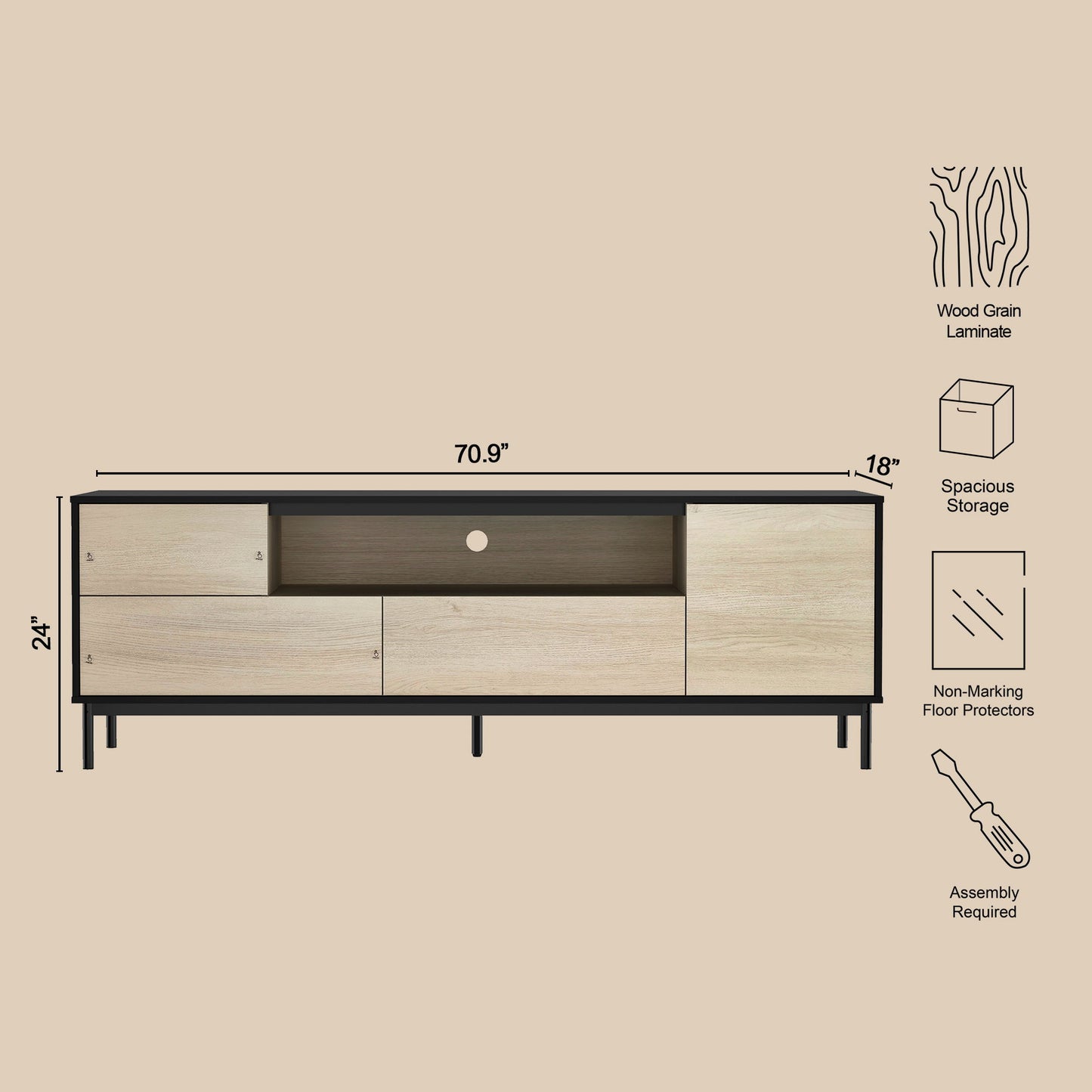Arvon - 71" TV Stand With Metal Legs - Black and Natural