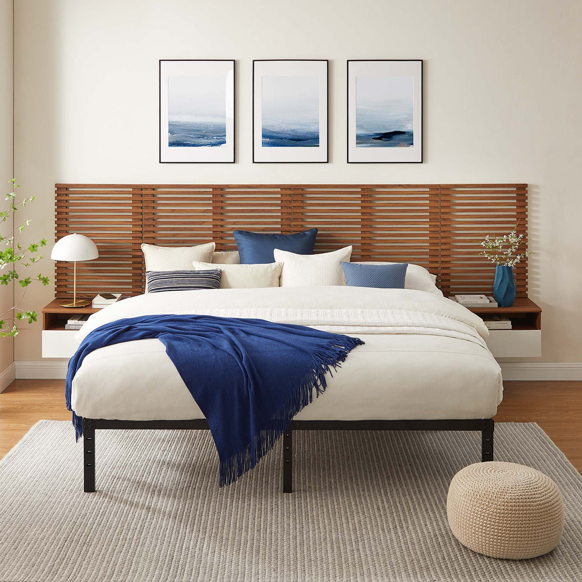 Render Wall Mount Headboard and Modern Nightstands - King, Walnut