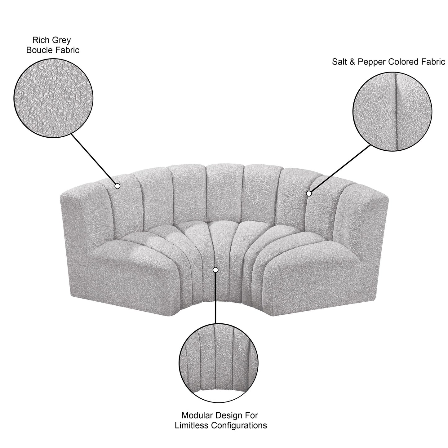 Arc - Boucle Fabric 3 Piece Modular U-Shaped Sofa