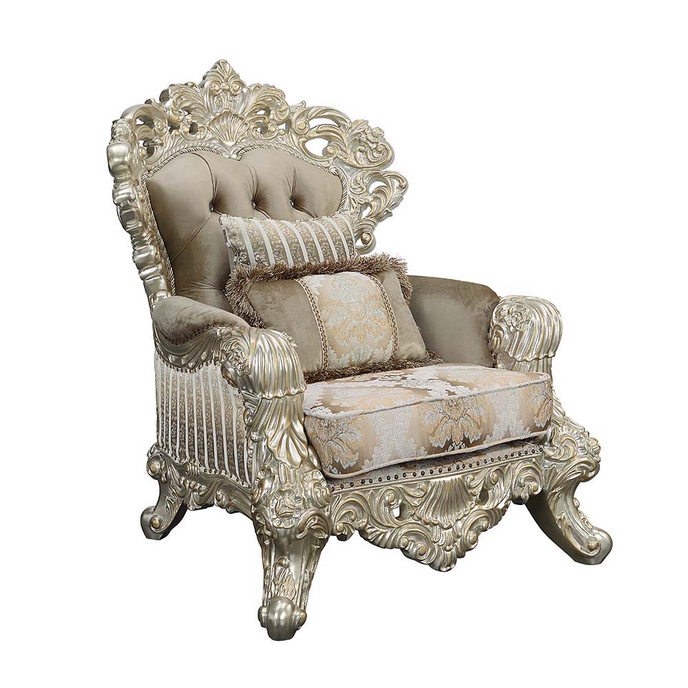 Sorina - Chair With 2 Pillows - Velvet, Fabric & Antique Gold