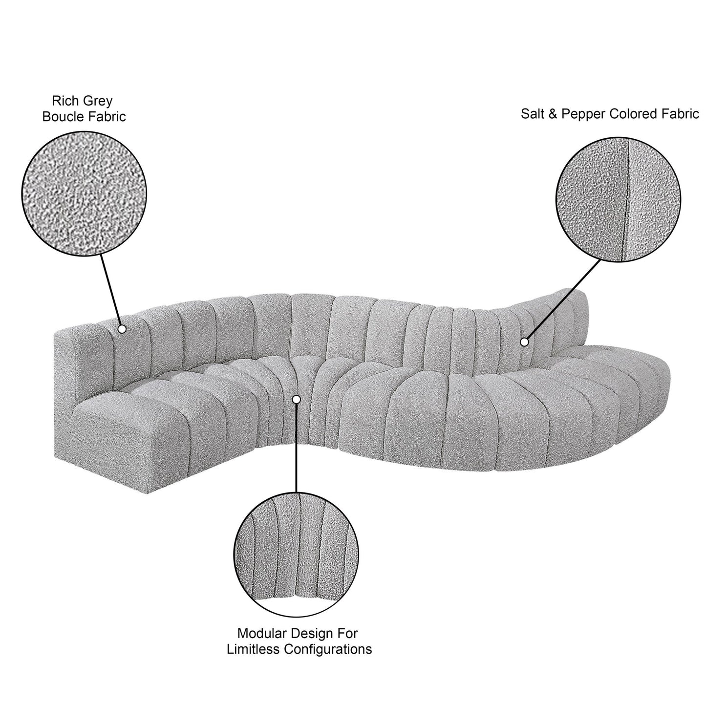 Arc - Boucle Fabric 6 Piece Curved Modular Sofa
