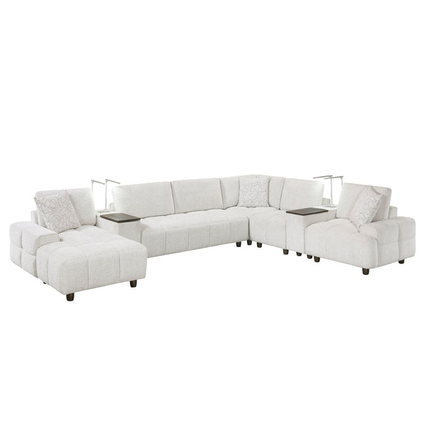 Tessella 7-Piece Modular Sectional with Left Chaise, Two Consoles with Hidden Storage, Wireless Speakers, Wireless Chargers, Swivel Table Top, Reading Lights and Charging Ports