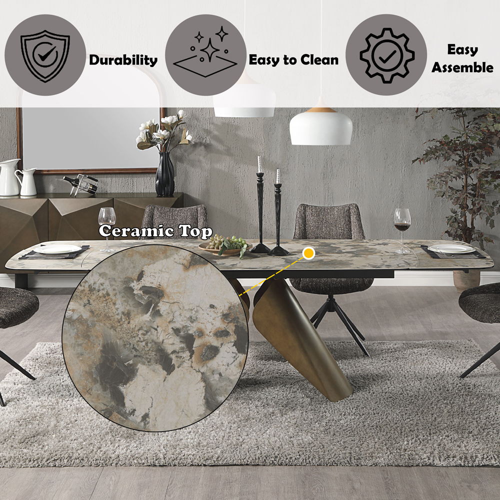 Malika - Ceramic Top Dining Table - Gray & Copper Cross Brushed