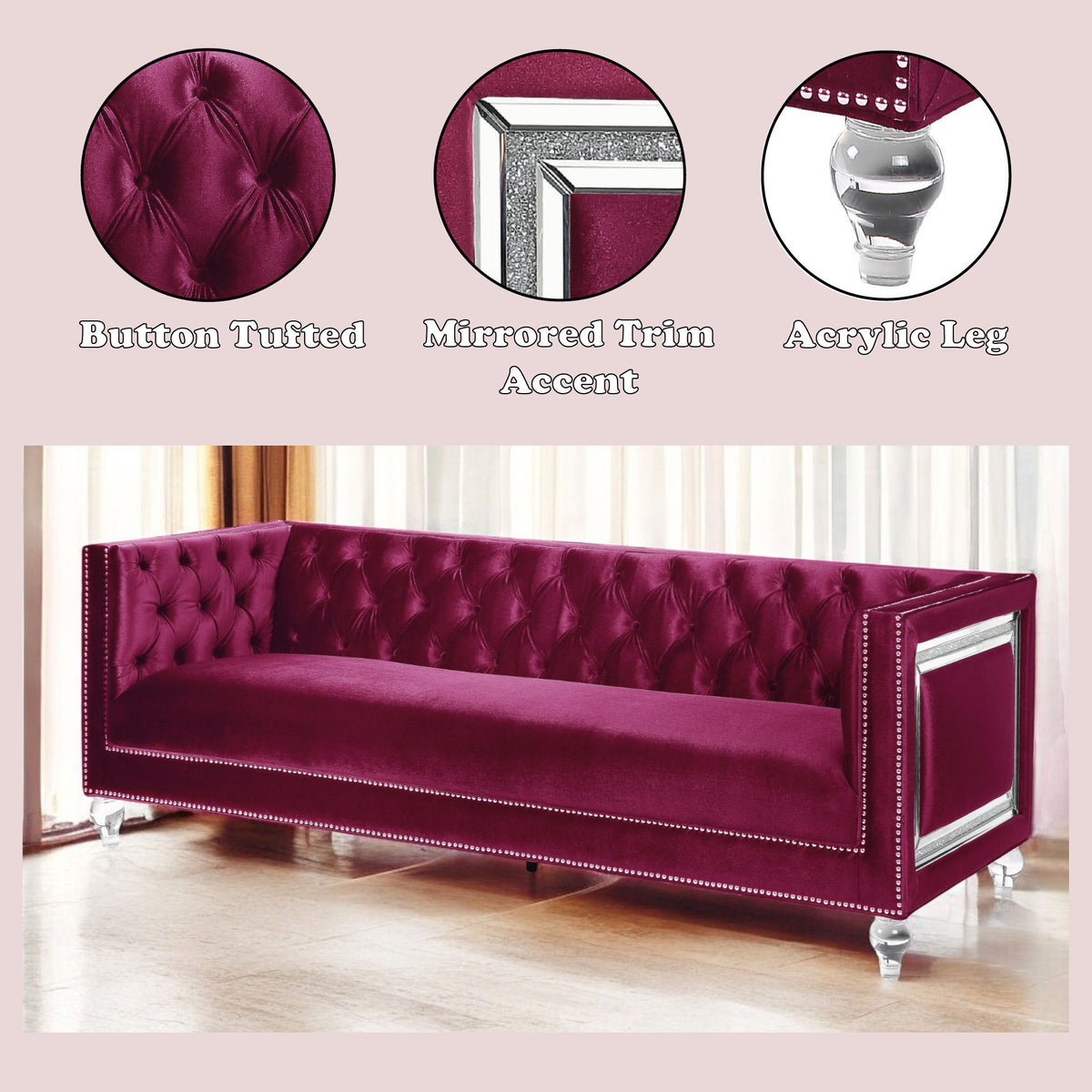 Heibero - Sofa With 2 Pillows (Same 56895) - Burgundy Velvet