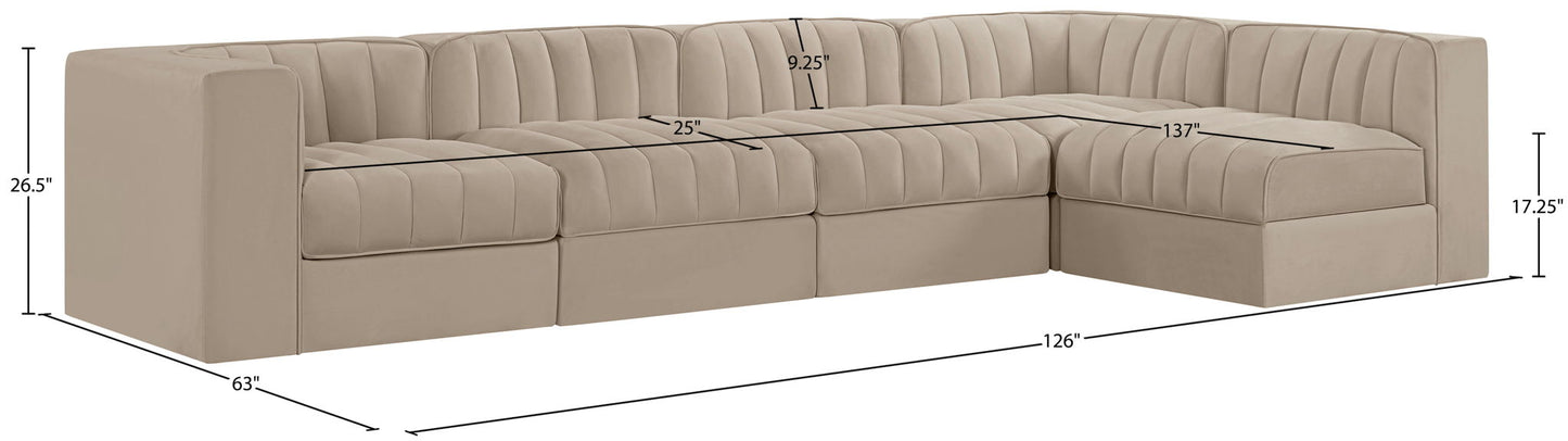 Rummi - Velvet Performance Fabric Upholstered 5 Piece Modular Sectional, L-Shaped (Right)