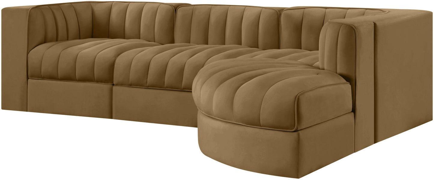Rummi - Velvet Performance Fabric Upholstered 4 Piece Modular Sectional, With Reverse Corner Chair