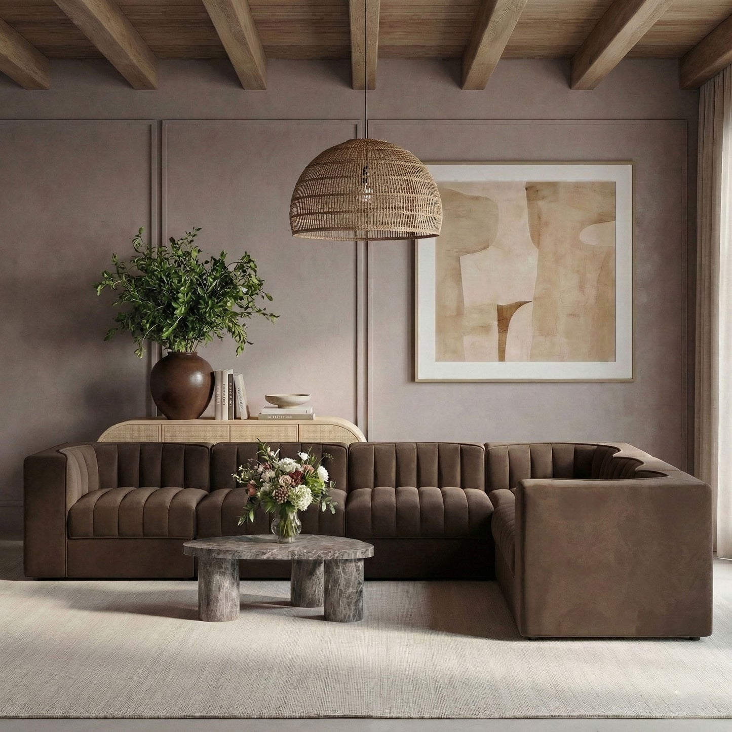 Rummi - Velvet Performance Fabric Upholstered 6 Piece Modular Sectional (With 3 Corner Chairs)