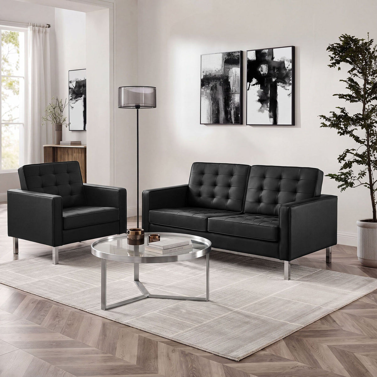 Loft Tufted Upholstered Faux Leather Loveseat and Armchair Set - Silver Black