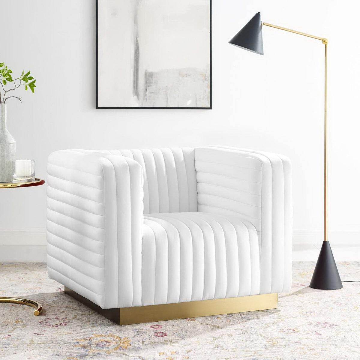 Charisma Channel Tufted Performance Velvet Accent Armchair - White