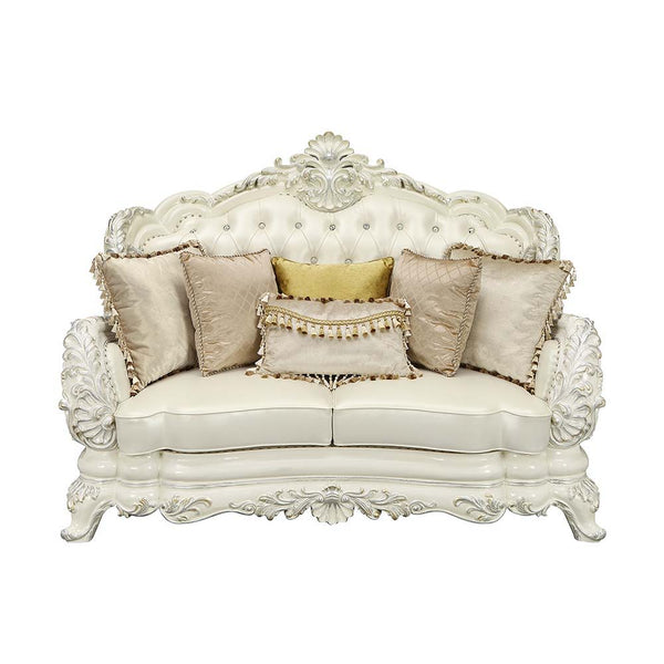 Adara - Loveseat With 5 Pillows - Pearl White Synthetic Leather & Antique White
