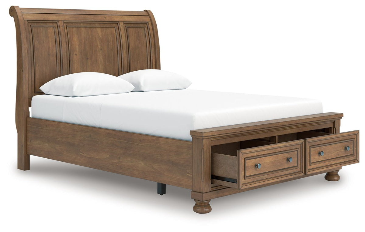 Feddinger - 3 Pc. - Queen Sleigh Storage Bed, Dresser And Mirror - Medium Brown