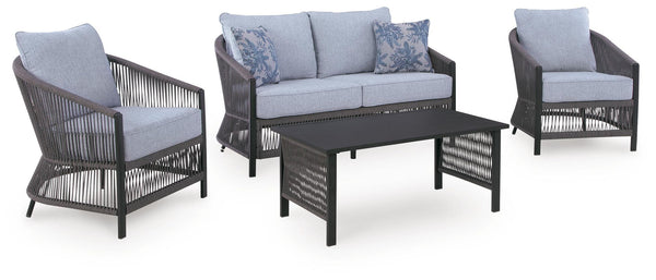 Bridges Beach - Loveseat, Lounge Chairs, Table Set (Set of 4) - Gray