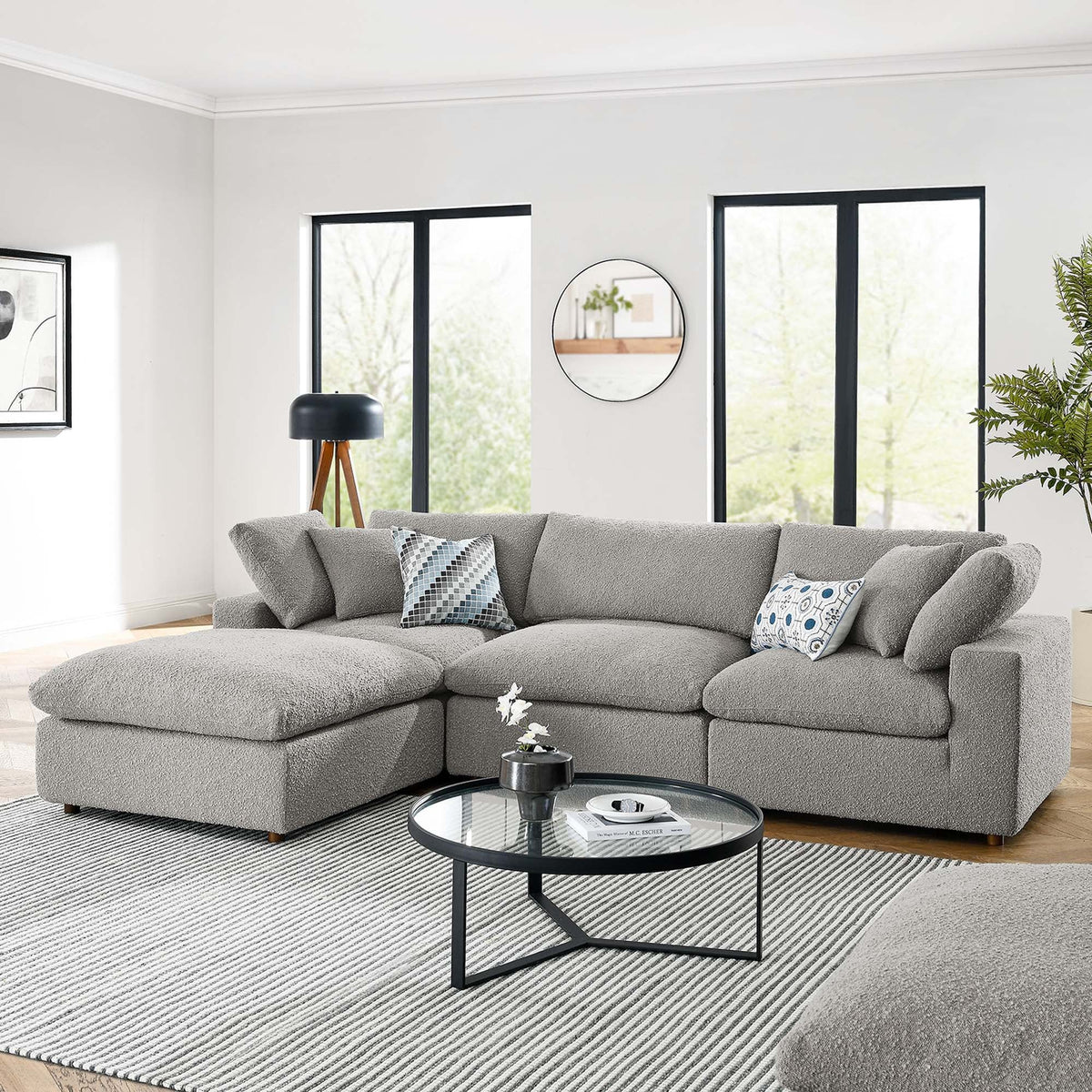 Commix Down Filled Overstuffed Boucle Fabric 4-Piece Sectional Sofa - Light Gray