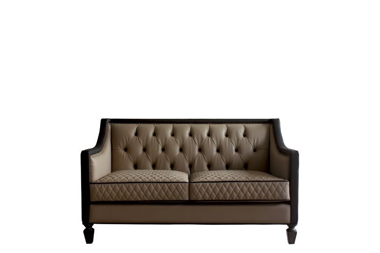 House Beatrice - Loveseat With 3 Pillows - Tan Synthetic Leather , Black Synthetic Leather & Charcoal