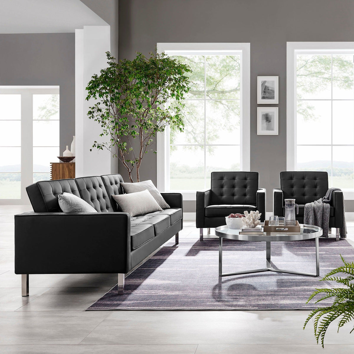 Loft Tufted Vegan Leather 3-Piece Furniture Set - Silver Black
