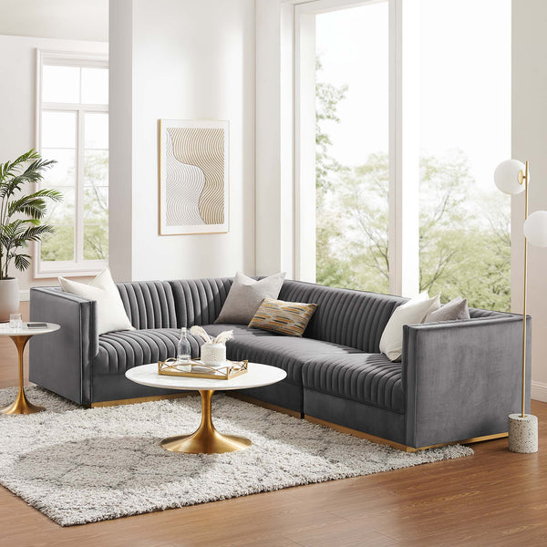 Sanguine 4-Piece Channel Tufted Performance Velvet Left-Facing Modular Sectional Sofa - Gray