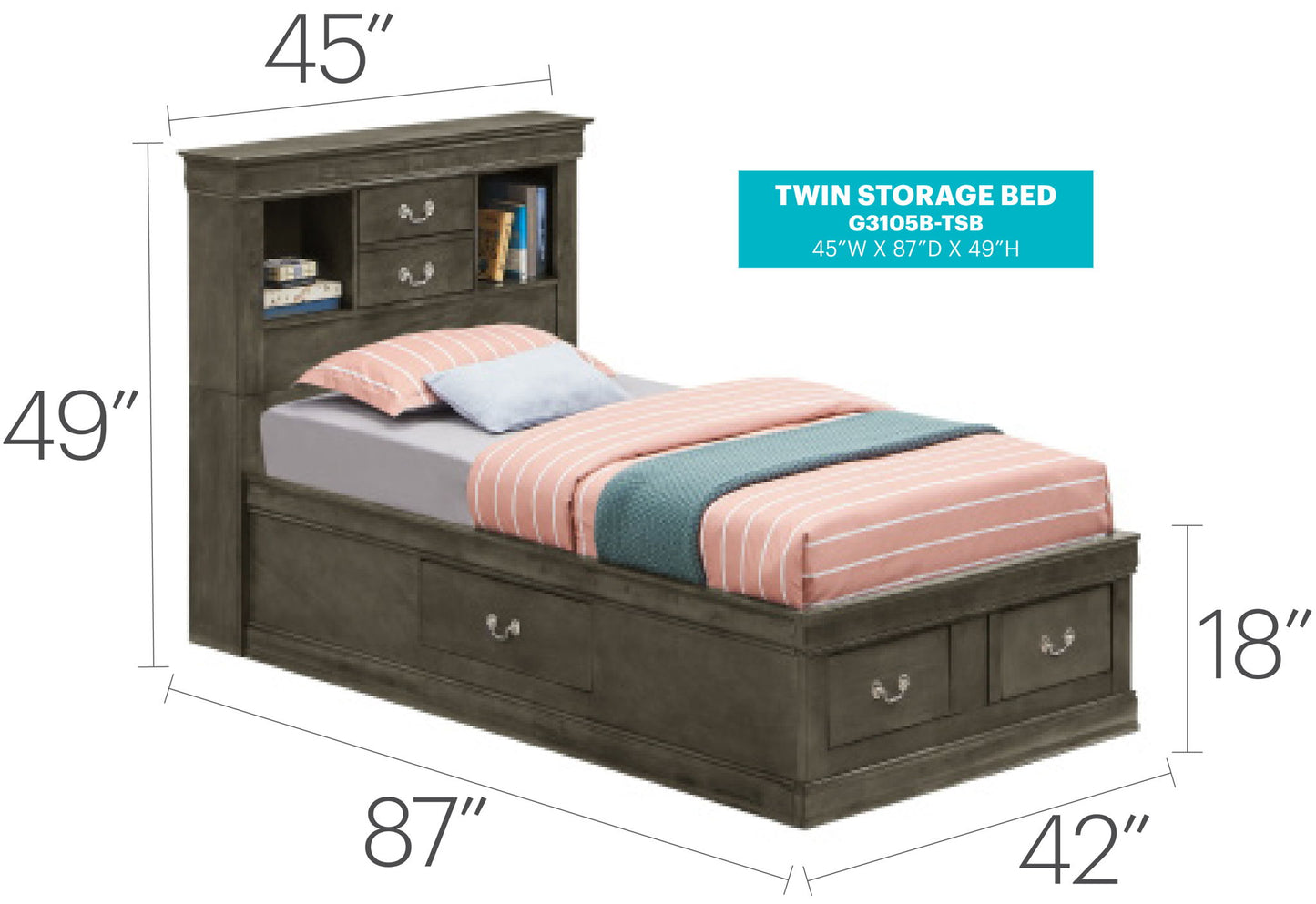 Glory Furniture - Louis Phillipe - Bookcase Storage Bed