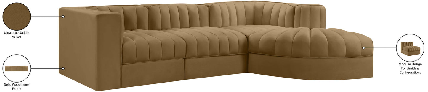 Rummi - Velvet Performance Fabric Upholstered 4 Piece Modular Sectional, With Reverse Corner Chair