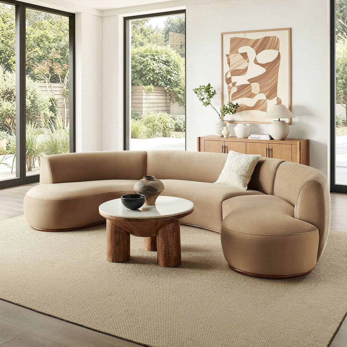 Rialta 3 Piece Curved Performance Velvet Sectional Sofa - Taupe