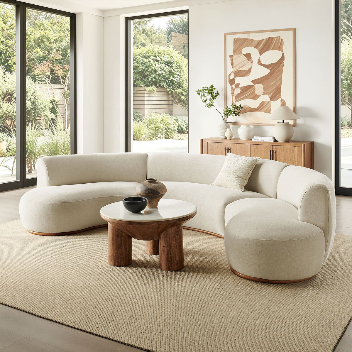 Rialta 3 Piece Curved Slub Weave Fabric Sectional Sofa - Ecru