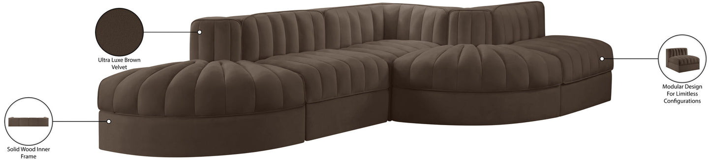 Rummi - Rounded Velvet Performance Fabric Upholstered 5 Piece Modular Sectional