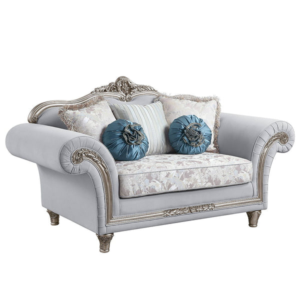 Pelumi - Loveseat With 5 Pillows - Light Gray Linen & Platinum