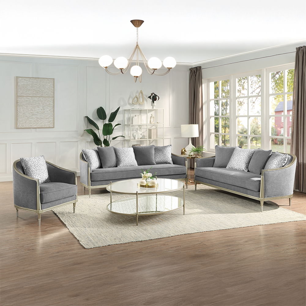 Fernando - Sofa With 5 Pillows - Gray Chenille & Champagne