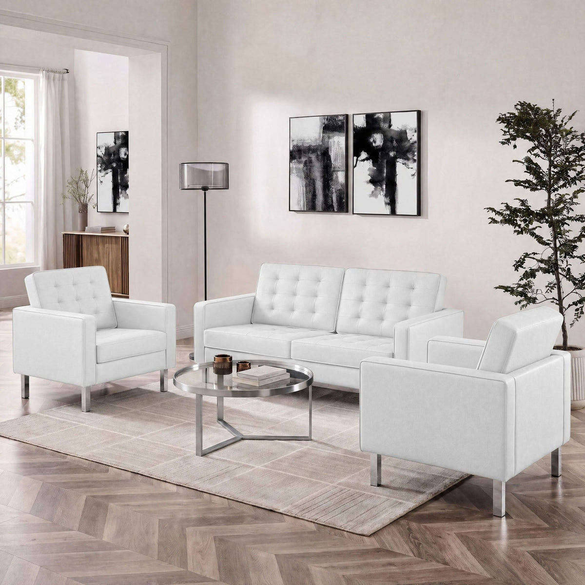 Loft 3 Piece Tufted Upholstered Faux Leather Set - Silver White